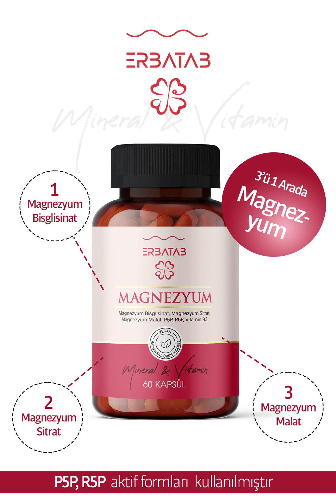 Erbatab Magnezyum 3’lü Form + B Vitaminleri 60 Kapsül