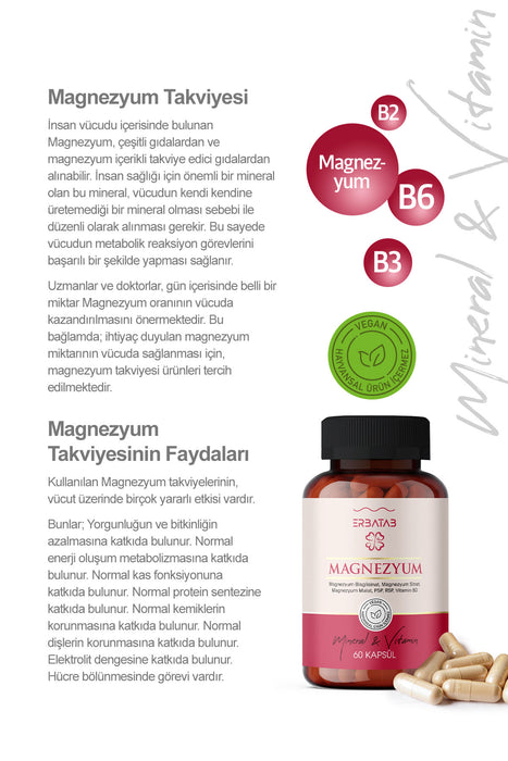  Erbatab Magnezyum (Bisglisinat, Sitrat, Malat) & Vitamin B3