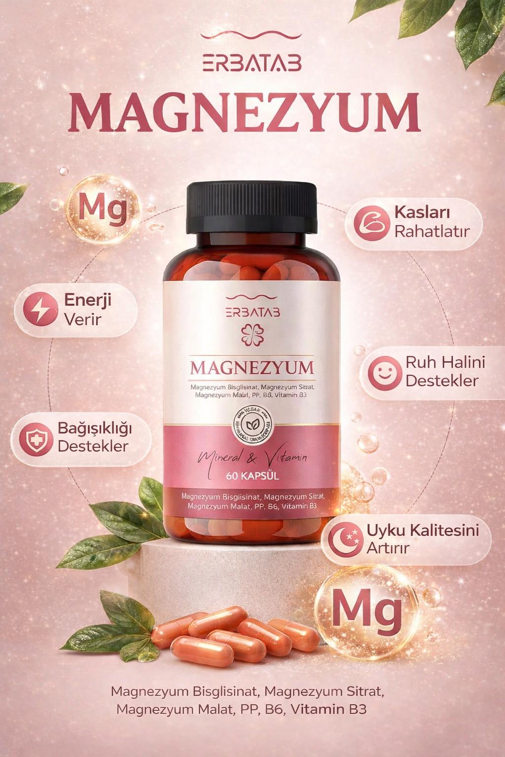 Erbatab Magnezyum 3’lü Form + B Vitaminleri 60 Kapsül