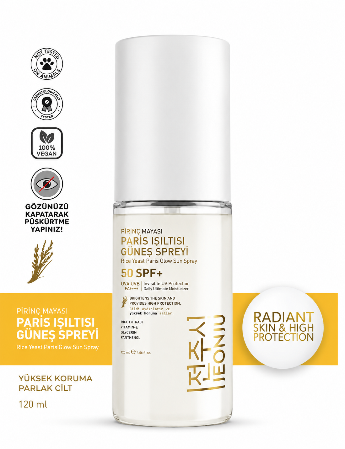 Pirinç Mayalı Paris Işıltılı Güneş Spreyi SPF 50+ | Yüksek Koruma ve Işıltılı Cilt