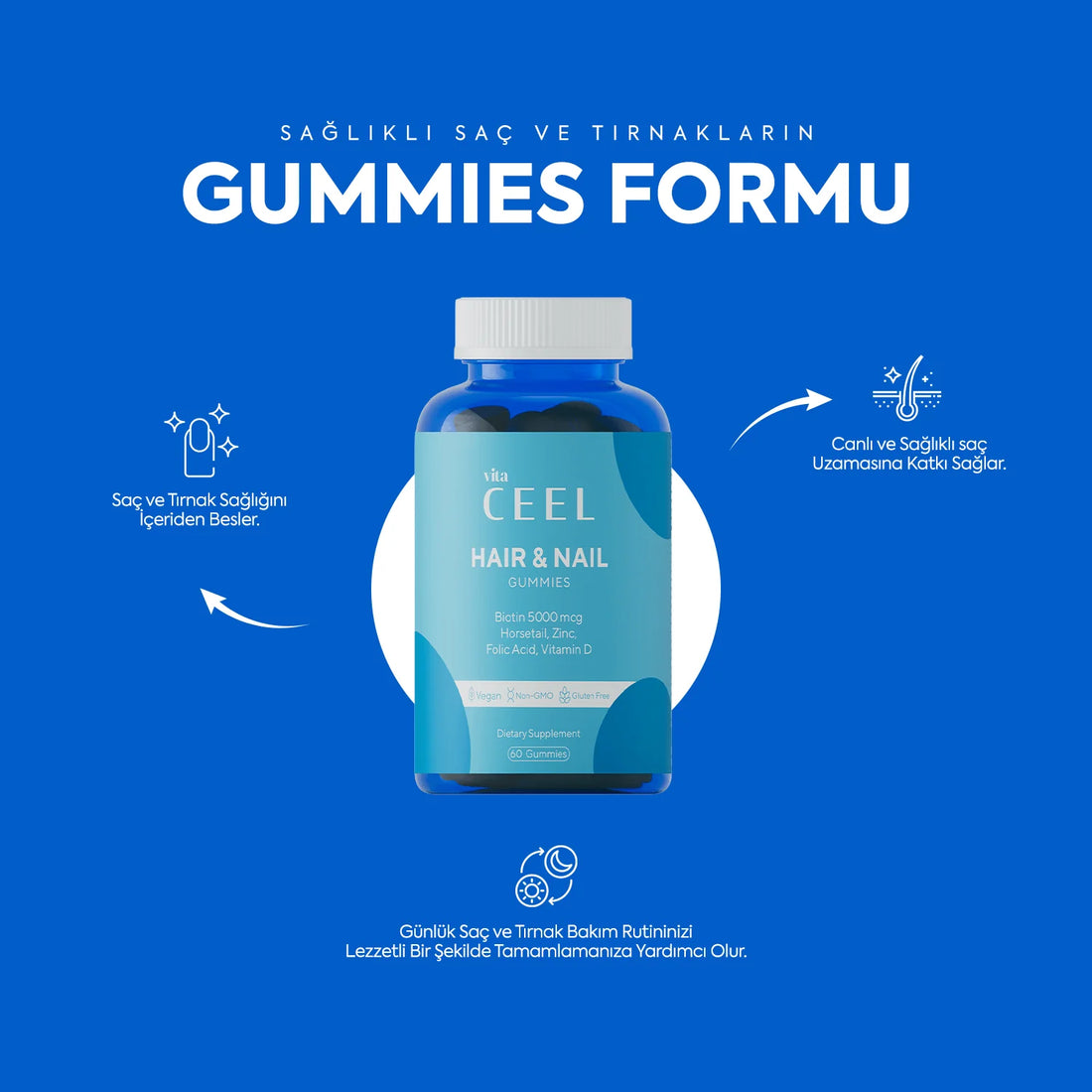 Vita CEEL Hair & Nail Gummies – Biotin İçeren Saç ve Tırnak Takviyesi | 60 Adet