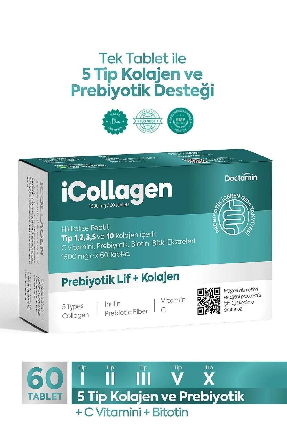 iCollagen 5 Tip Kolajen + Prebiyotik Lif 60 Tablet – C Vitamini ve Biotin Destekli Kolajen Takviyesi