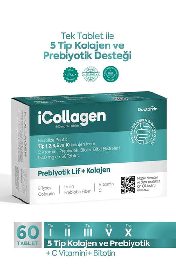 iCollagen 5 Tip Kolajen + Prebiyotik Lif 60 Tablet – C Vitamini ve Biotin Destekli Kolajen Takviyesi