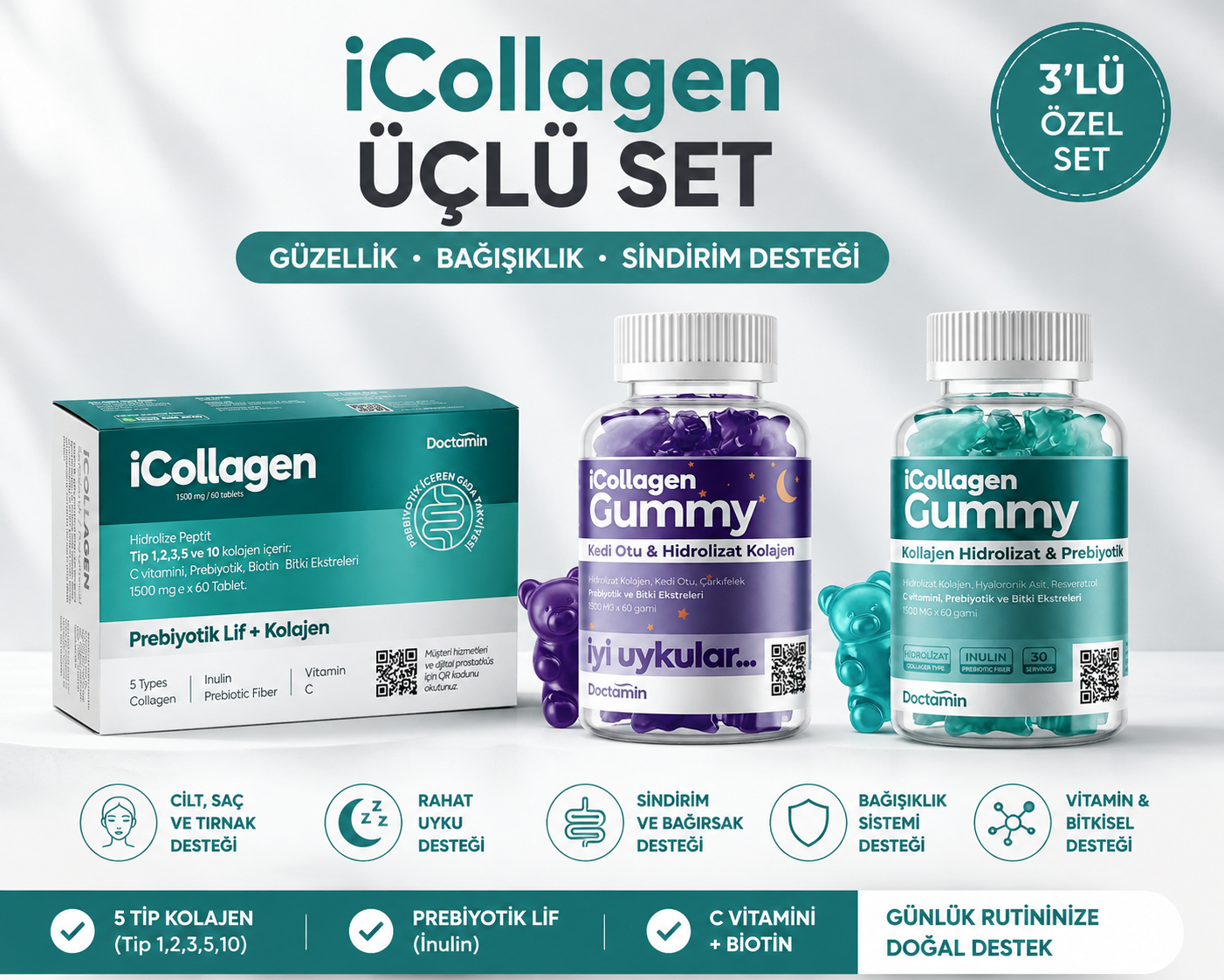 iCollagen 5 Tip Kolajen + Prebiyotik Lif 60 Tablet – C Vitamini ve Biotin Destekli Kolajen Takviyesi