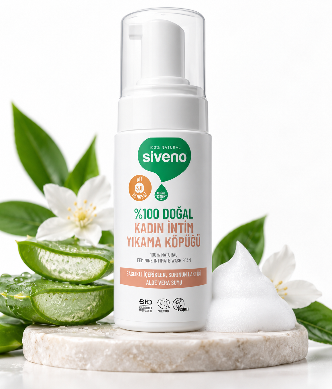 Siveno %100 Doğal Kadın İntim Yıkama Köpüğü – Beyazlatıcı Etkili | pH 3.8 | 100 ml