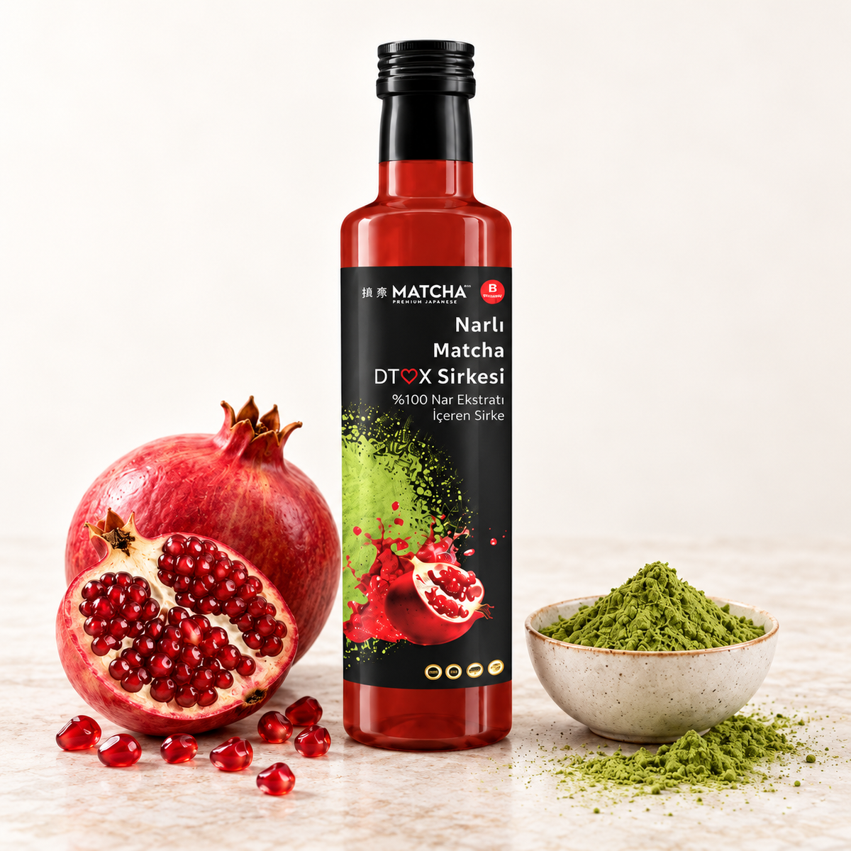 Narlı Matcha Detox Sirkesi – Nar ve Yeşil Çay Ekstreli