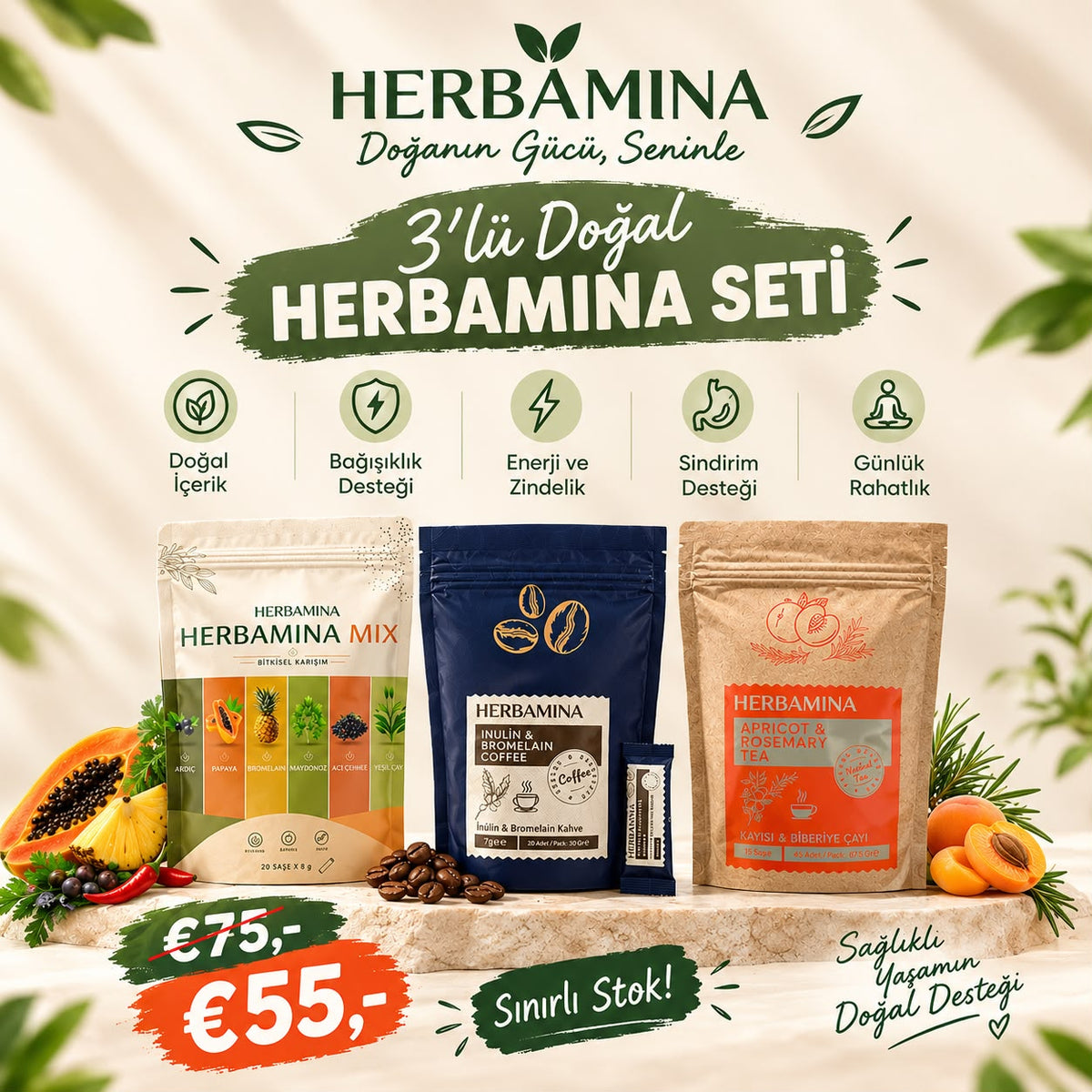 Herbamina 3’lü Doğal Set – Bitkisel Karışım, Bromelain Kahve ve Kayısı Biberiye Çayı