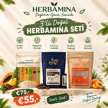 Herbamina 3’lü Doğal Set – Bitkisel Karışım, Bromelain Kahve ve Kayısı Biberiye Çayı
